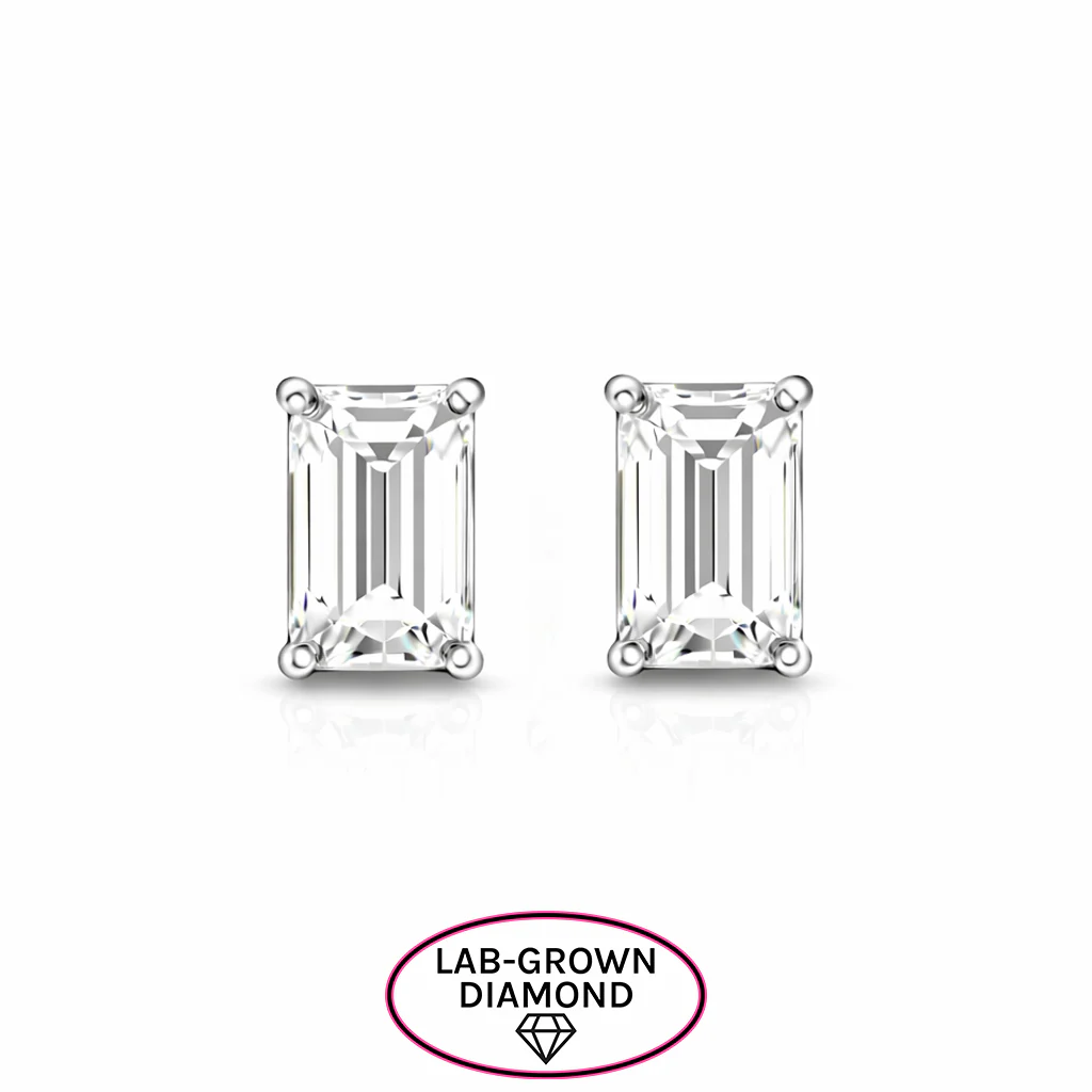 14K GOLD 2.00 CT LAB GROWN DIAMOND EMERALD CUT STUDS