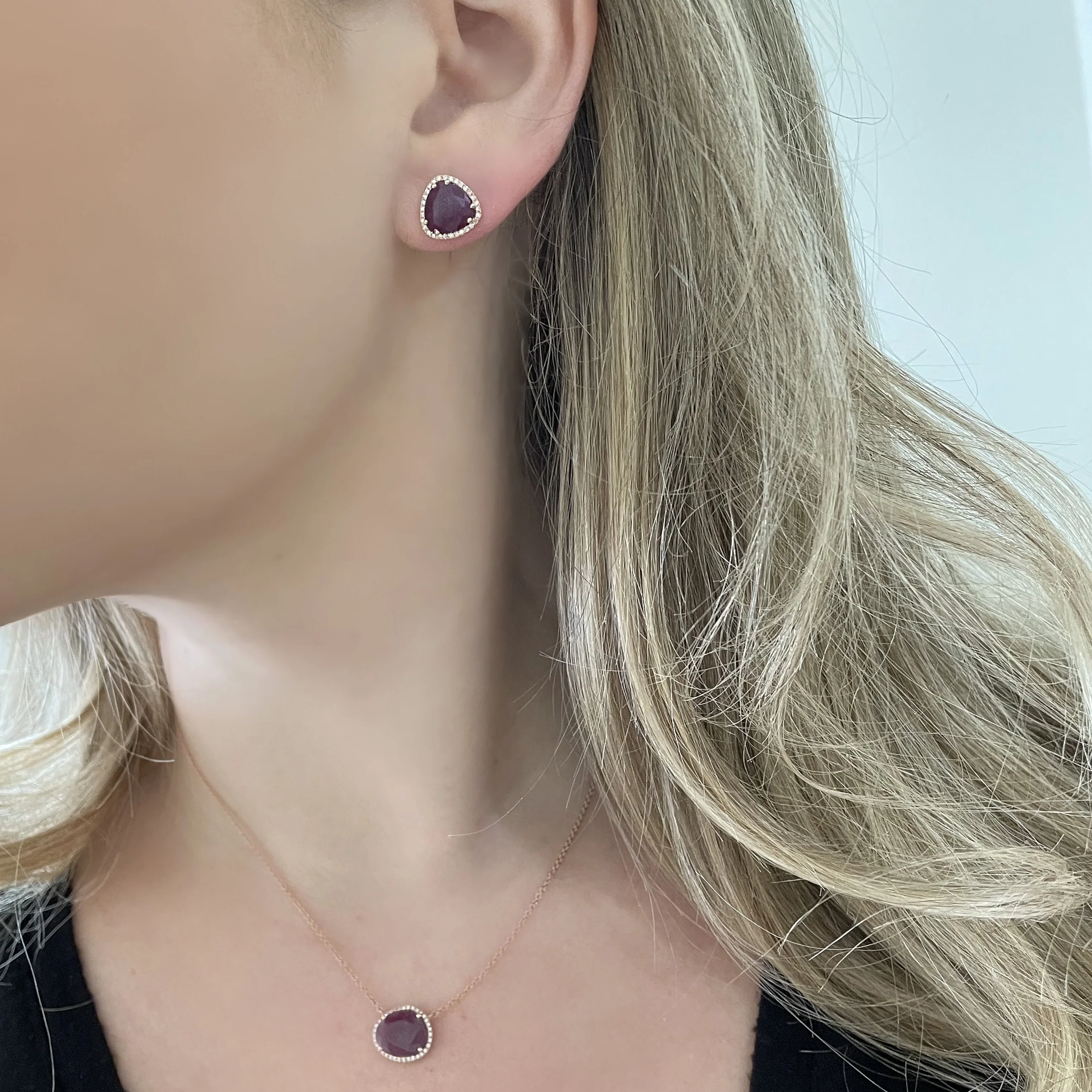 14K GOLD DIAMOND AND RUBY LIZZIE STUDS - Image 2