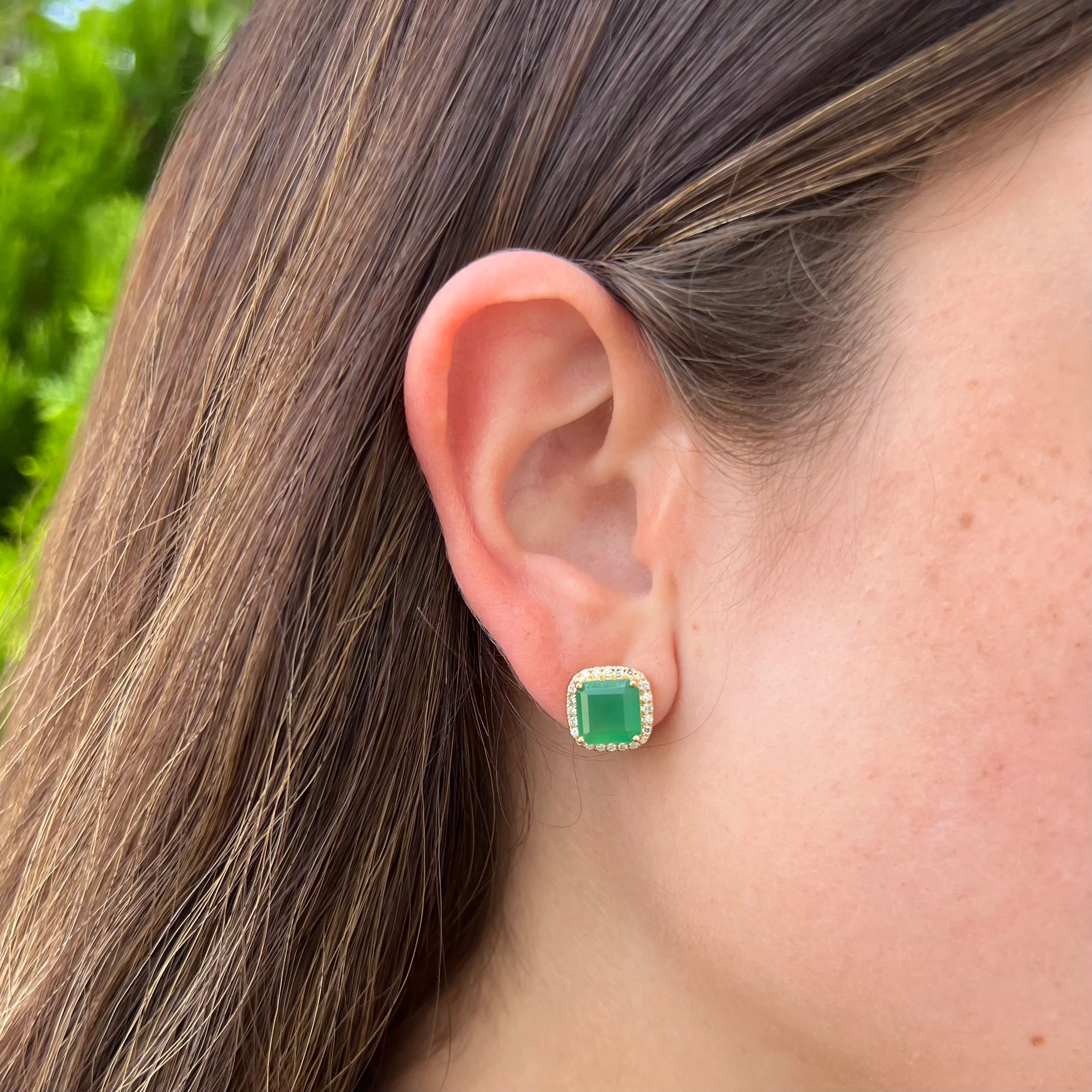 14K GOLD DIAMOND GREEN AGATE MIRANDA STUDS - Image 2