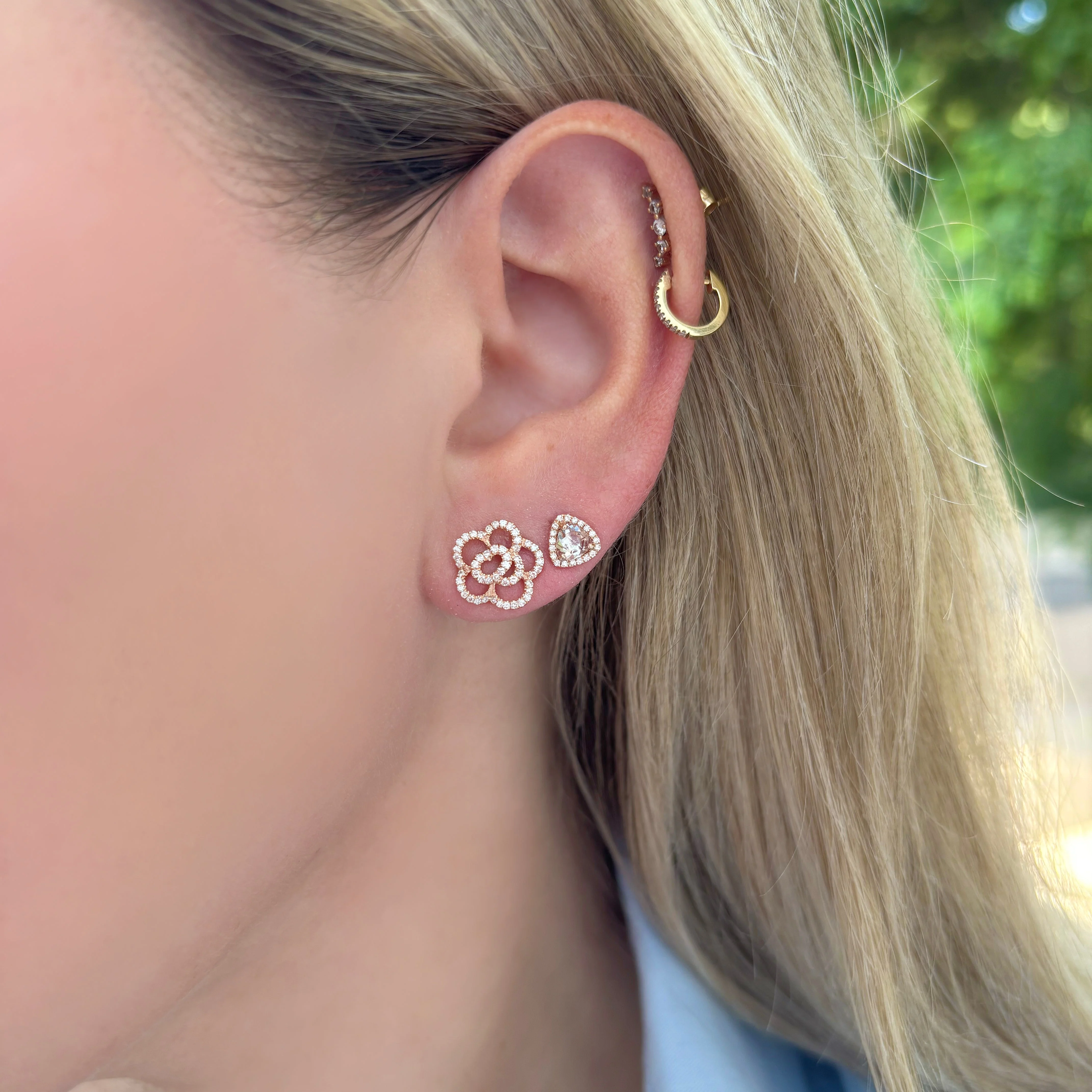 14K GOLD DIAMOND LARGE CAMELLIA FLOWER STUDS - Image 2