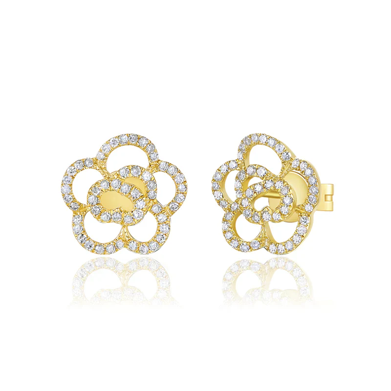 14K GOLD DIAMOND LARGE CAMELLIA FLOWER STUDS - Image 3