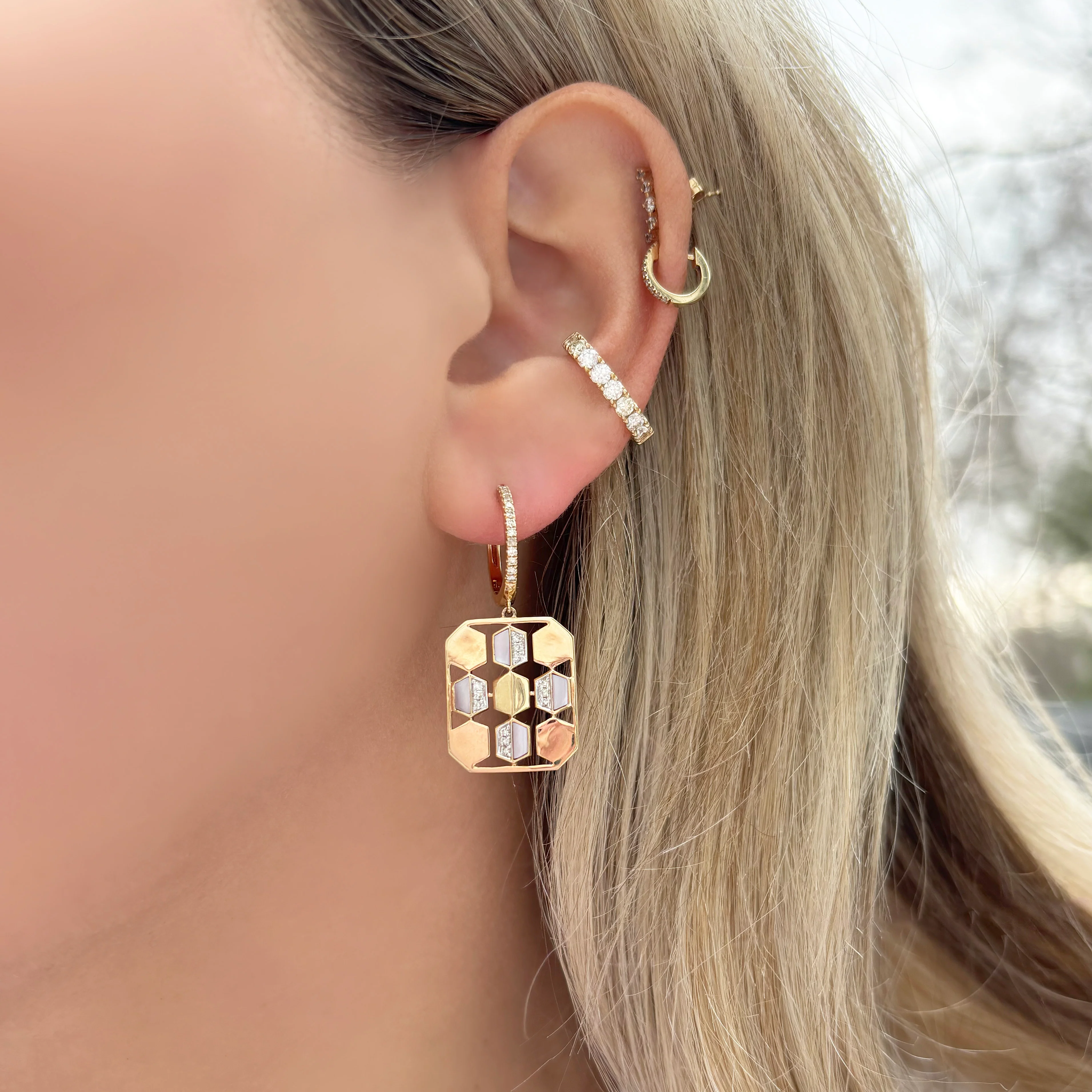 14K GOLD DIAMOND MOTHER OF PEARL CASSIE EARRINGS - Image 2