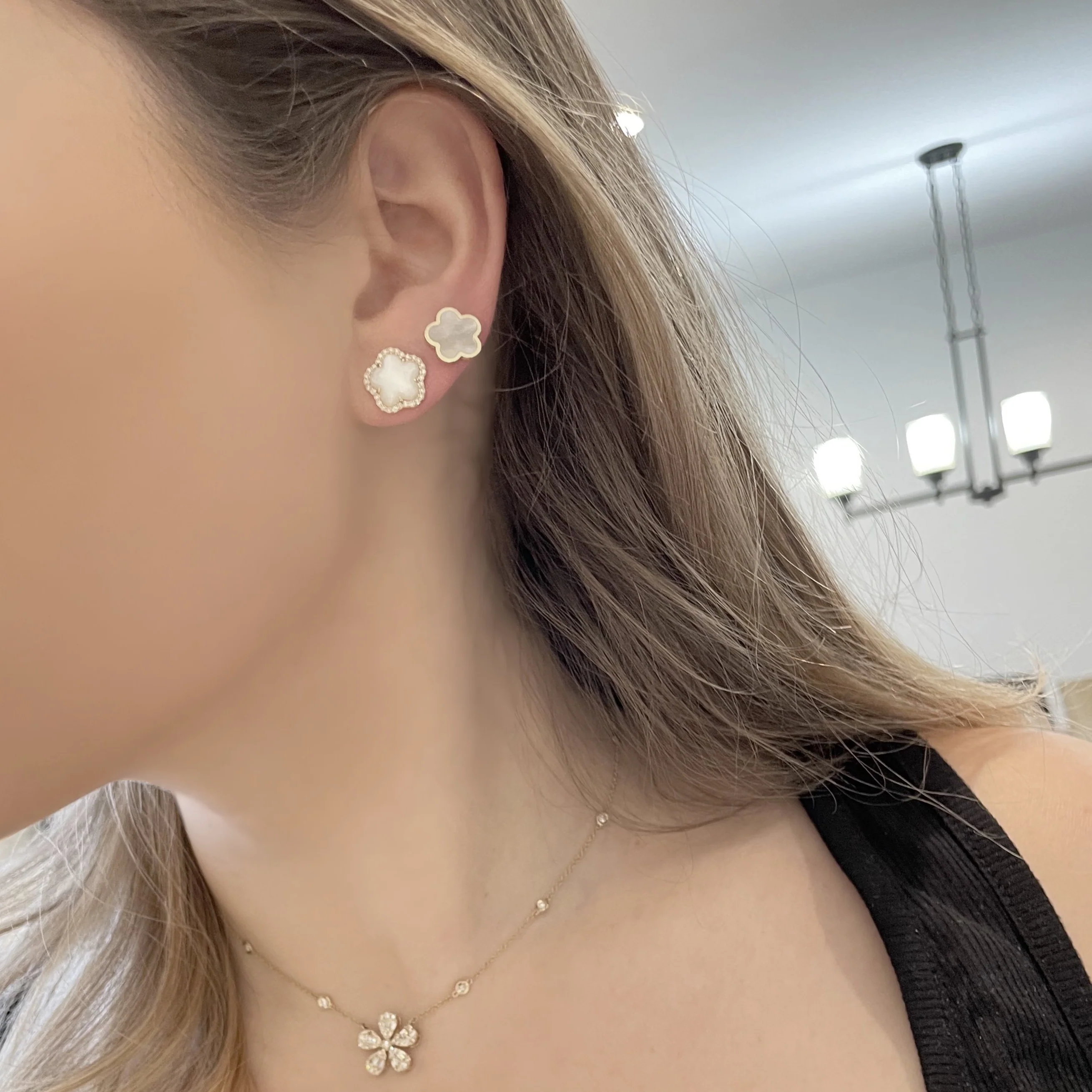 14K GOLD DIAMOND MOTHER OF PEARL SHANA FLOWER STUDS - Image 2
