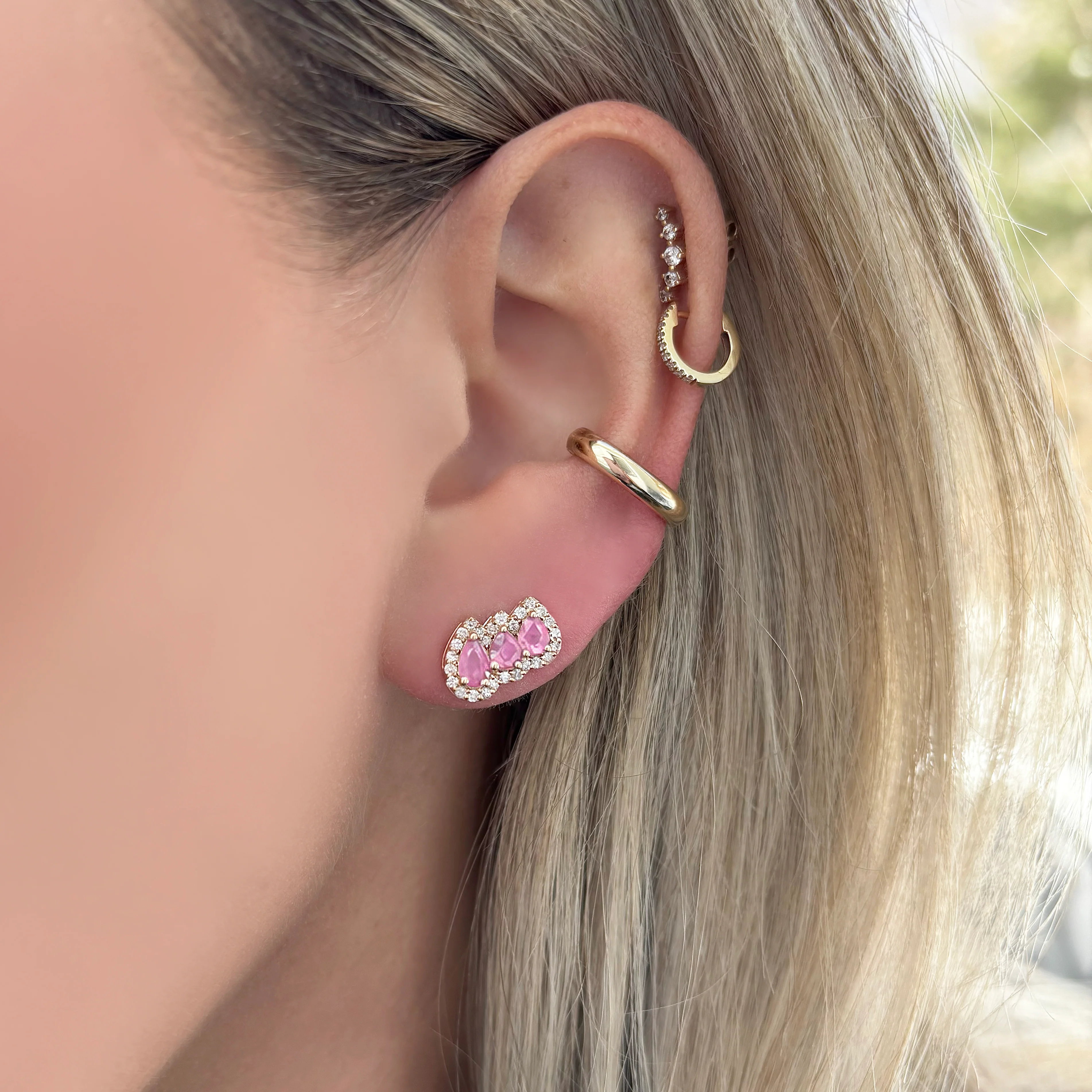 14K GOLD DIAMOND PINK SAPPHIRE CATE STUDS - Image 2