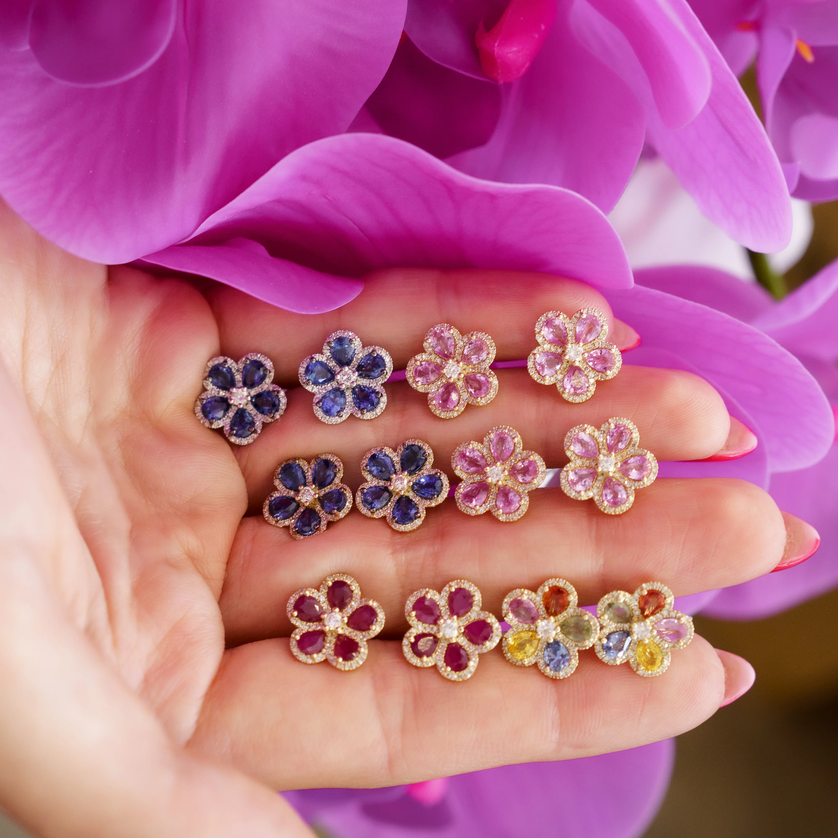 14K GOLD DIAMOND RUBY DARA FLOWER STUDS - Image 2