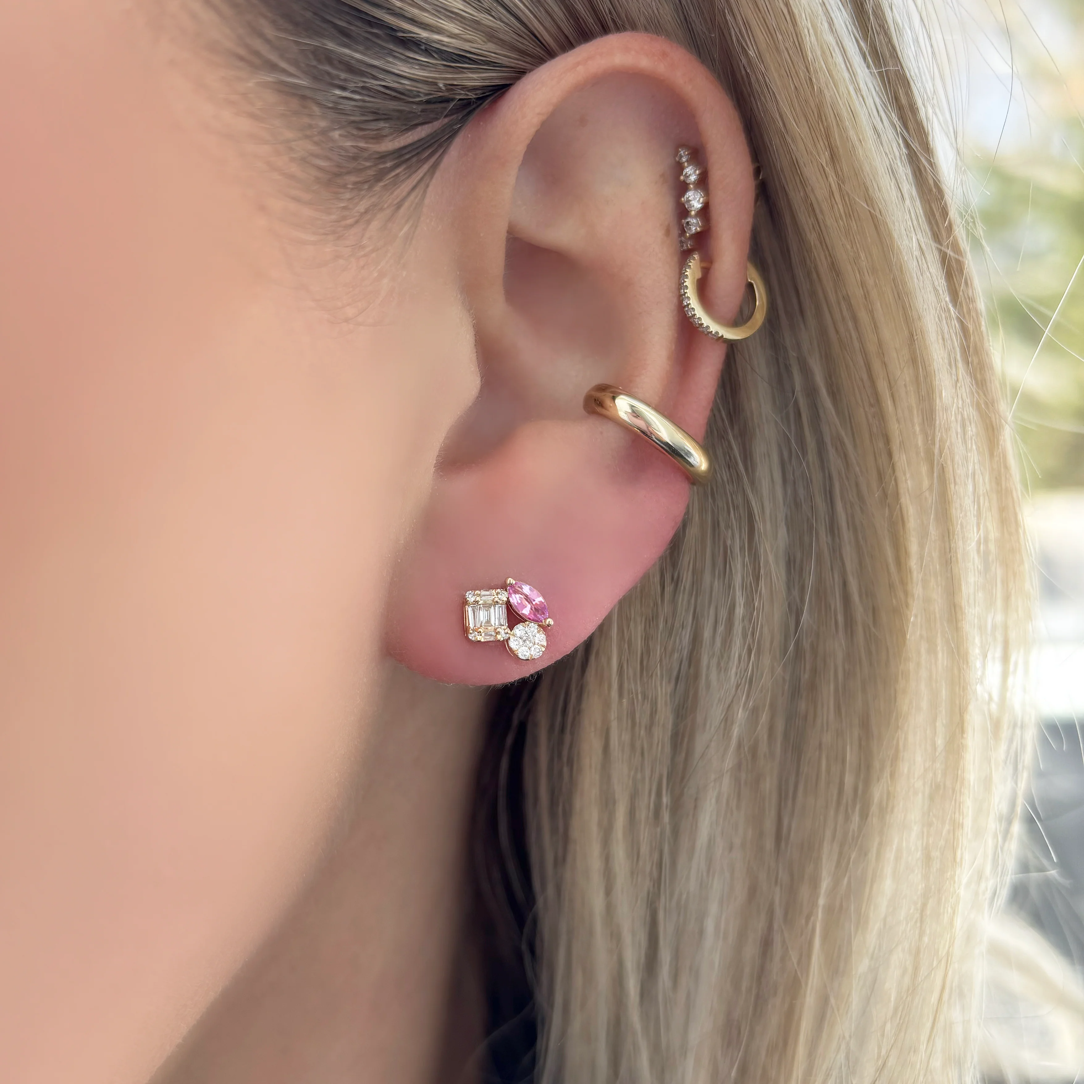 14K GOLD DIAMOND PINK SAPPHIRE FINNY STUDS - Image 2