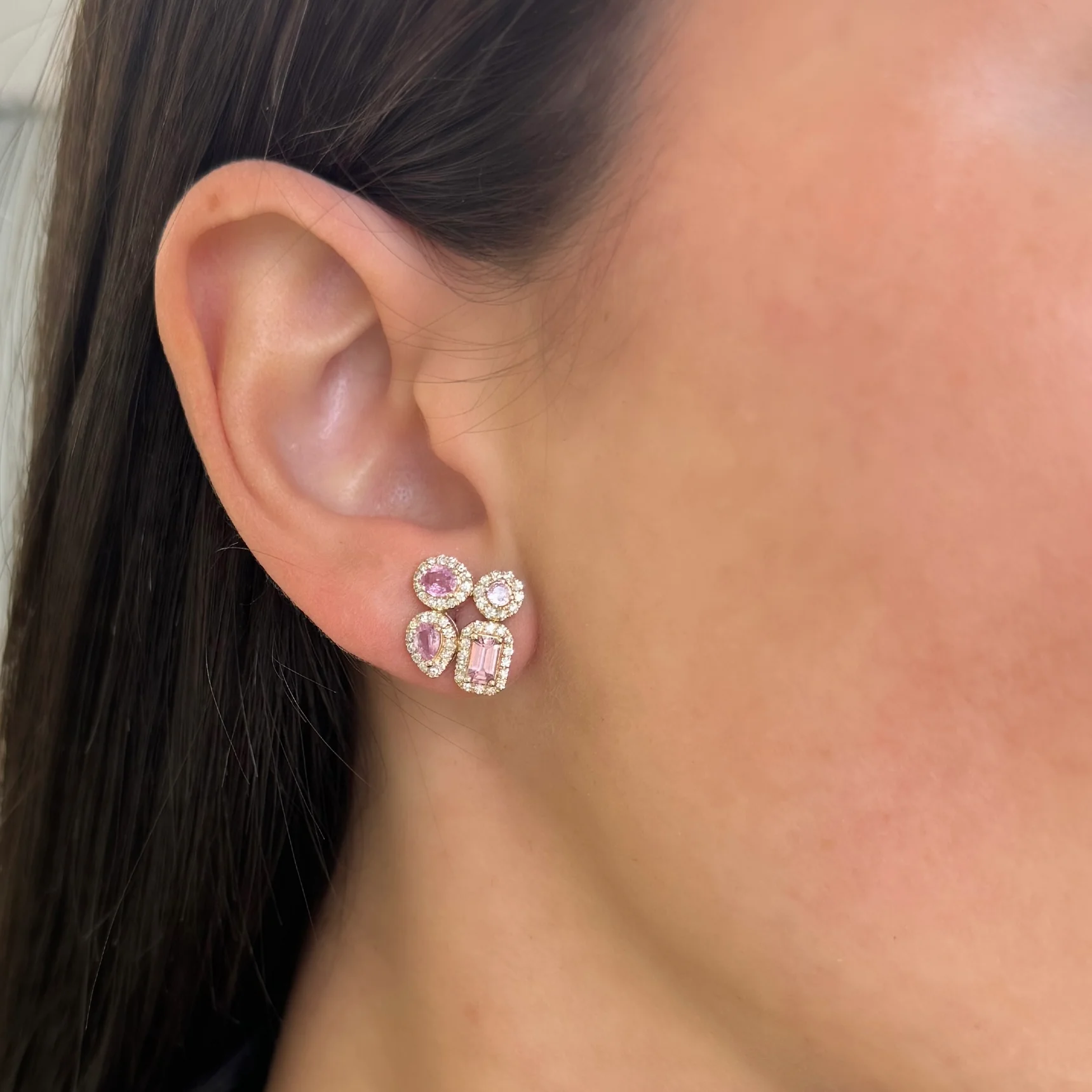 14K GOLD DIAMOND MEDIUM PINK SAPPHIRE RACQUI STUDS