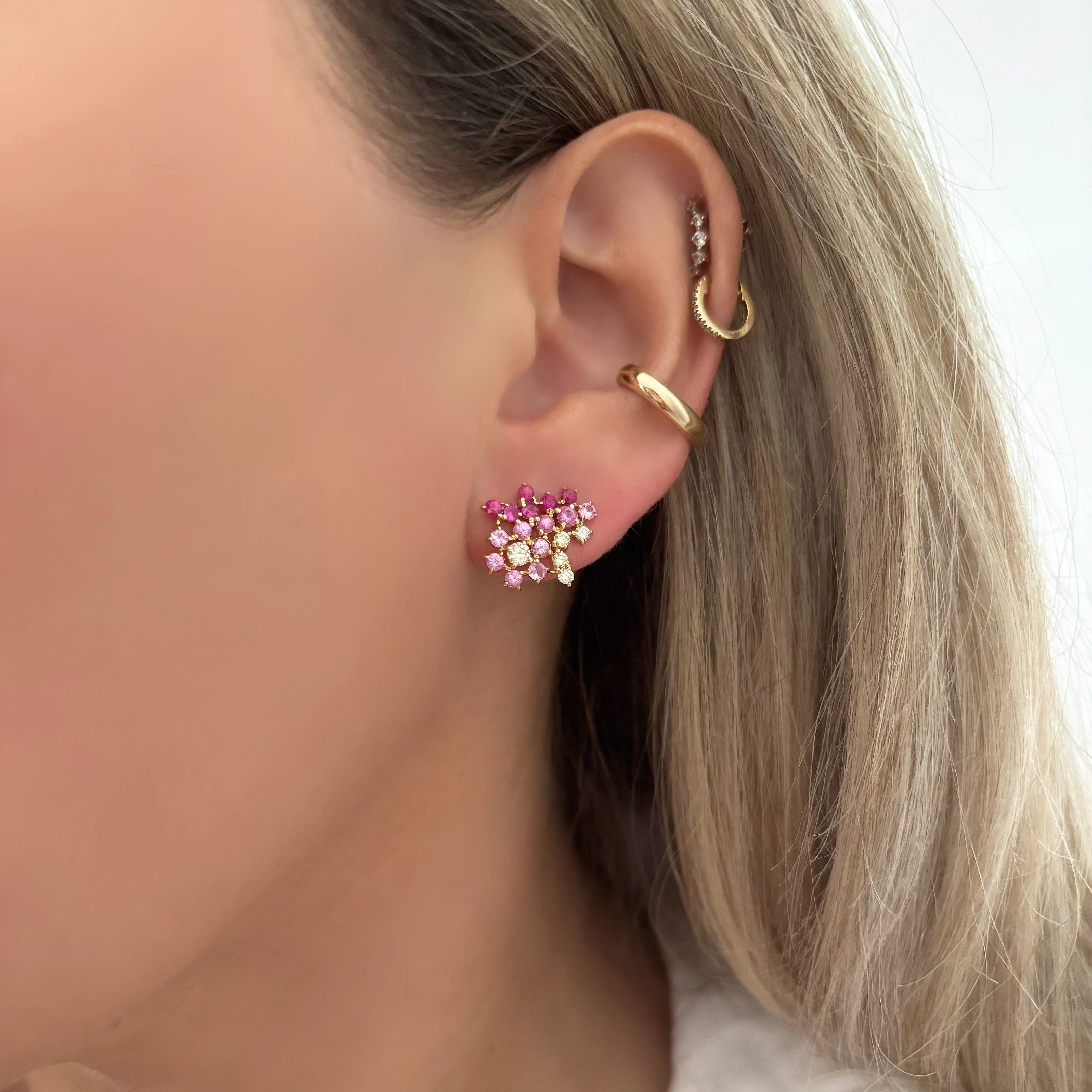 14K GOLD DIAMOND PINK SAPPHIRE RUBY MALI STUDS