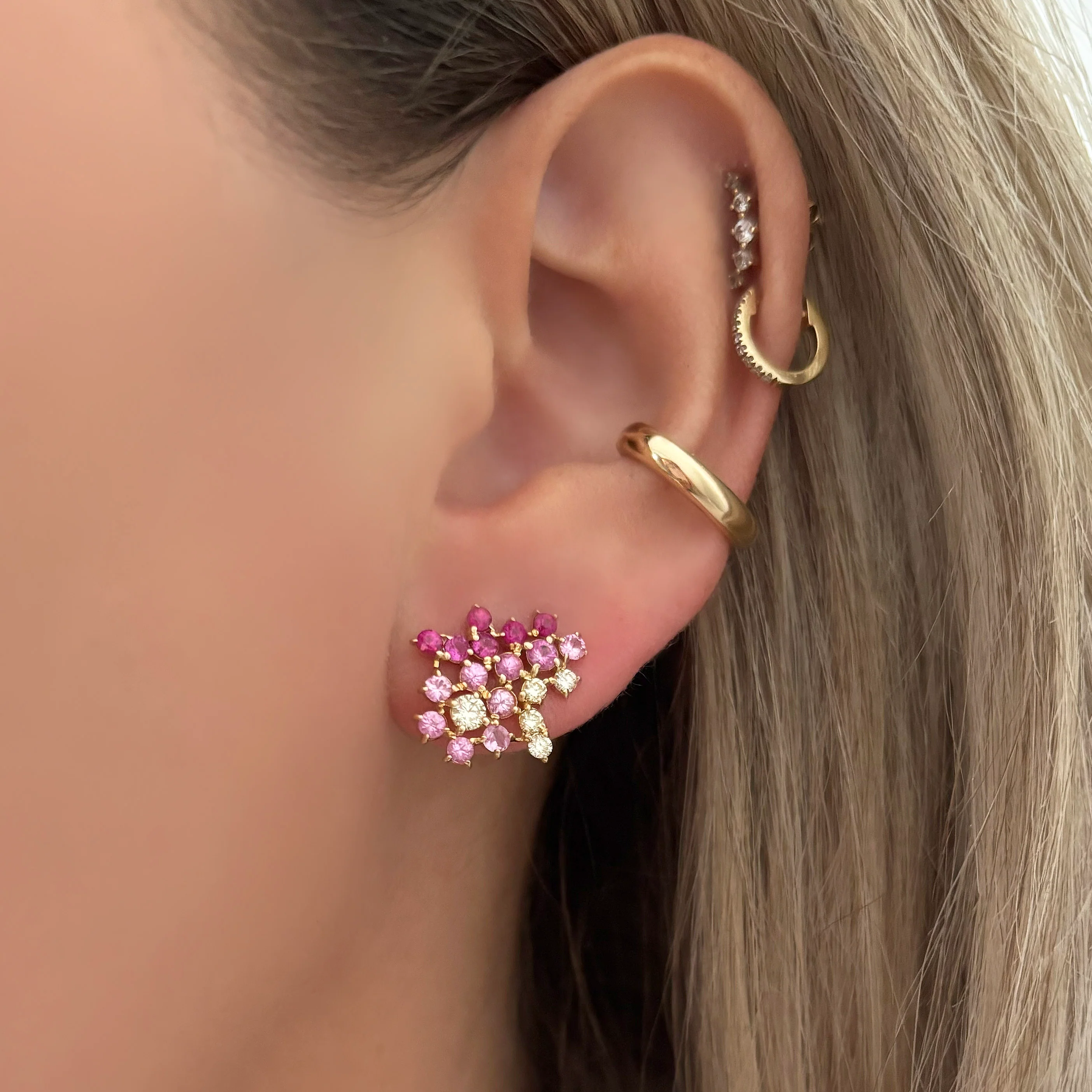 14K GOLD DIAMOND PINK SAPPHIRE RUBY MALI STUDS - Image 2