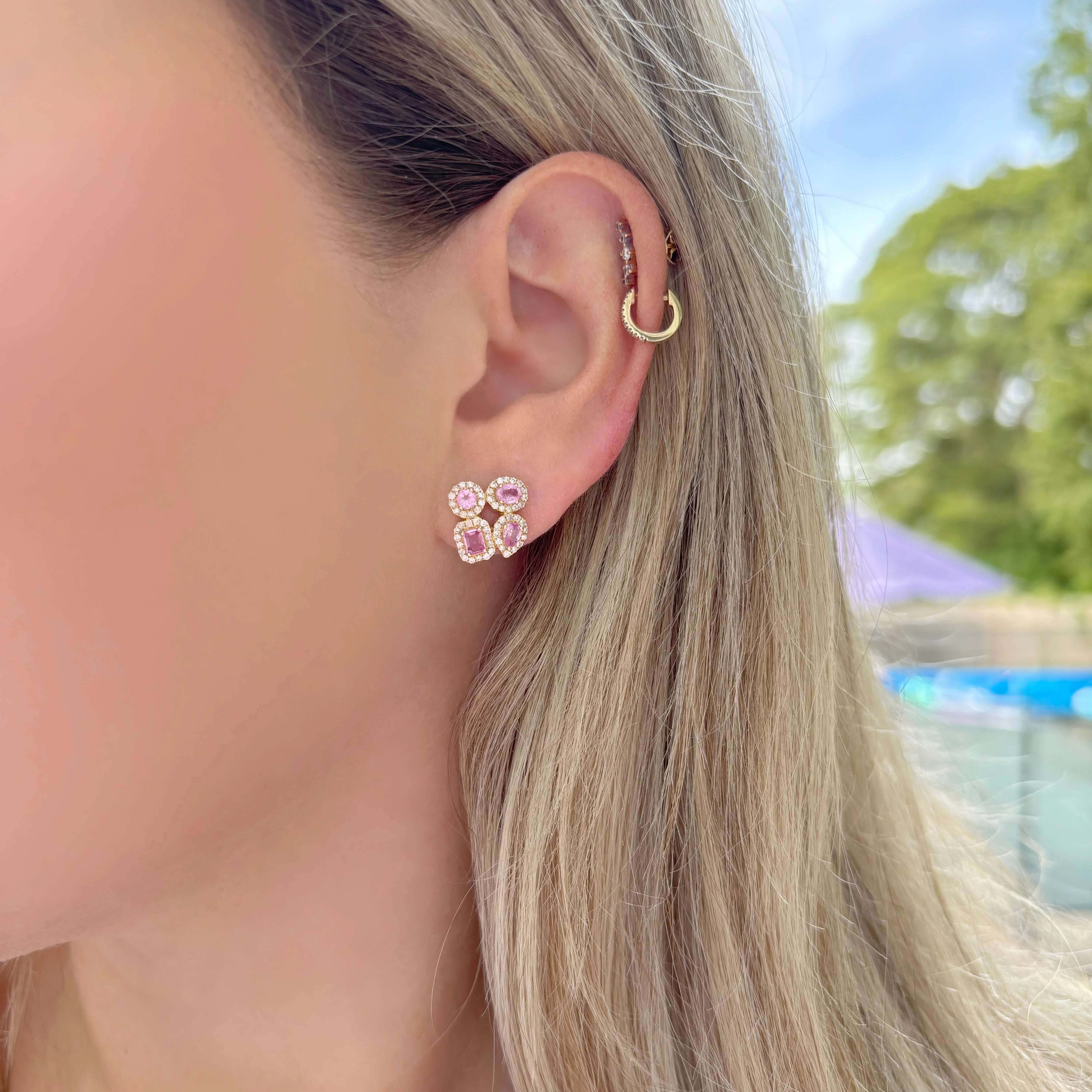 14K GOLD DIAMOND PINK SAPPHIRE SMALL RACQUI STUDS - Image 2
