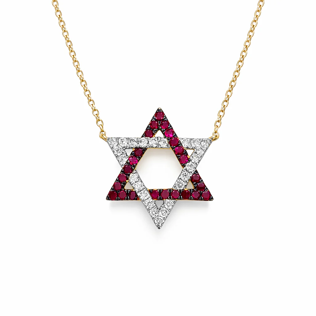 14K GOLD DIAMOND RUBY CARMIT MAGEN DAVID NECKLACE