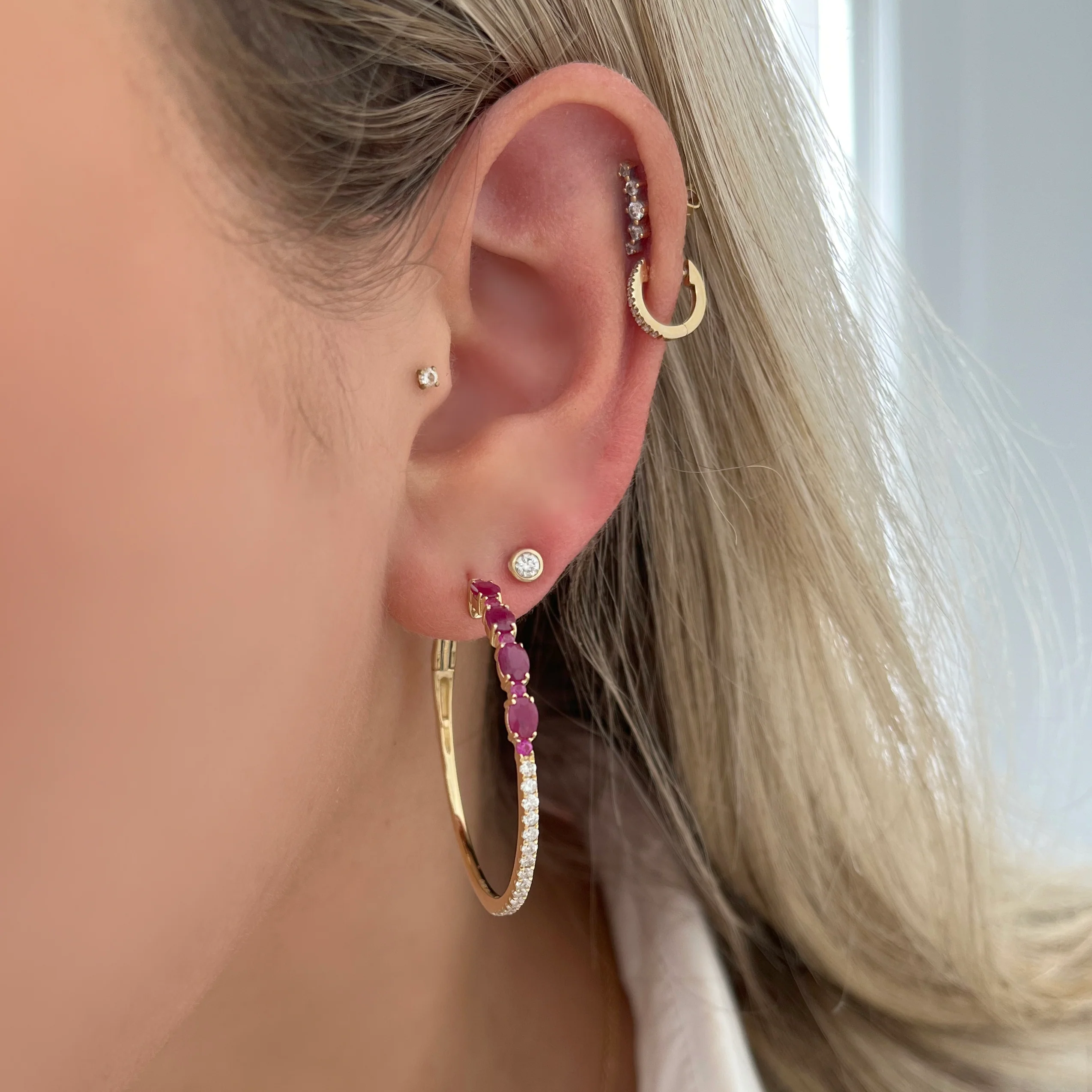 14K GOLD DIAMOND RUBY STELLA HOOPS