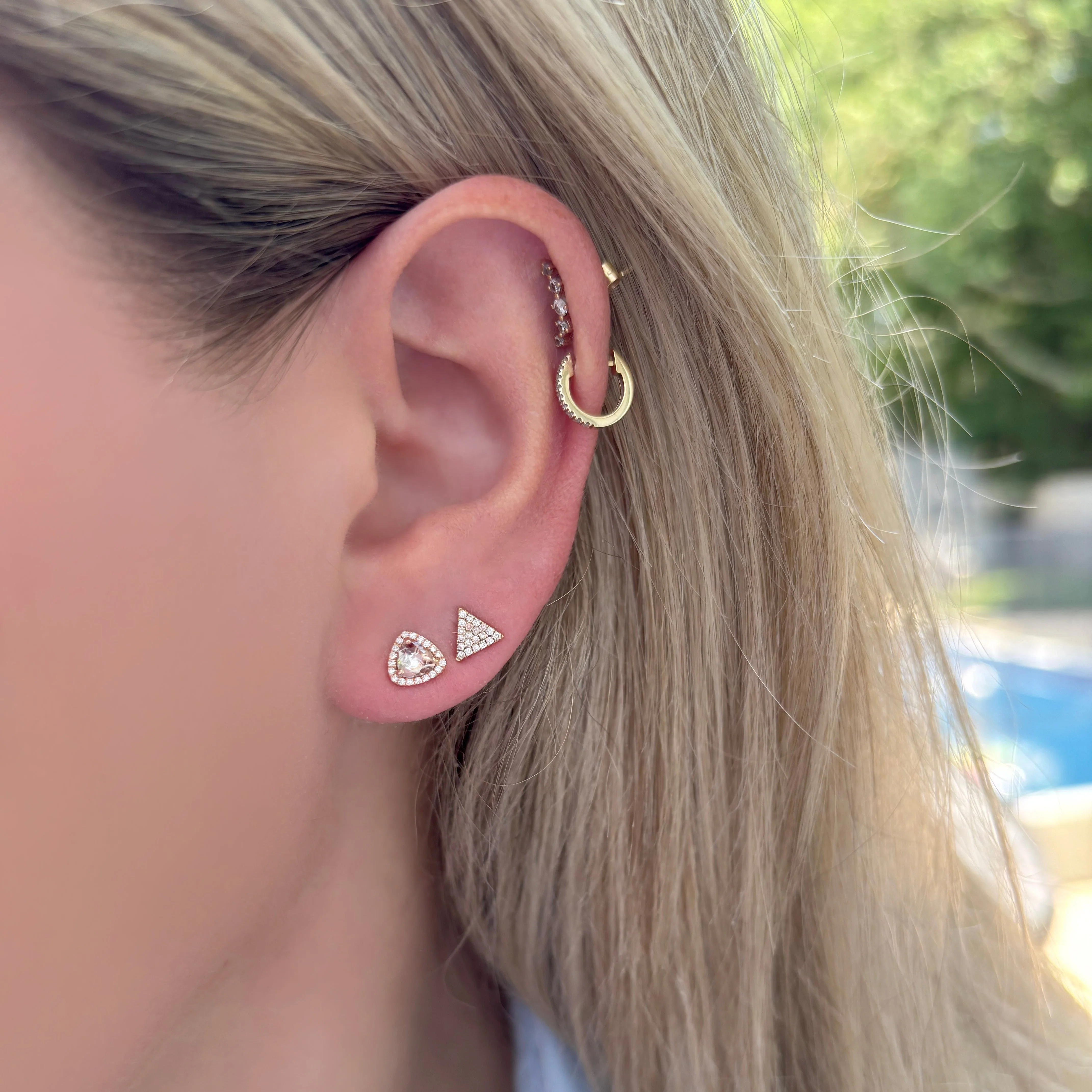 14K GOLD DIAMOND AND WHITE TOPAZ MINI TRIANGLE STUDS - Image 2