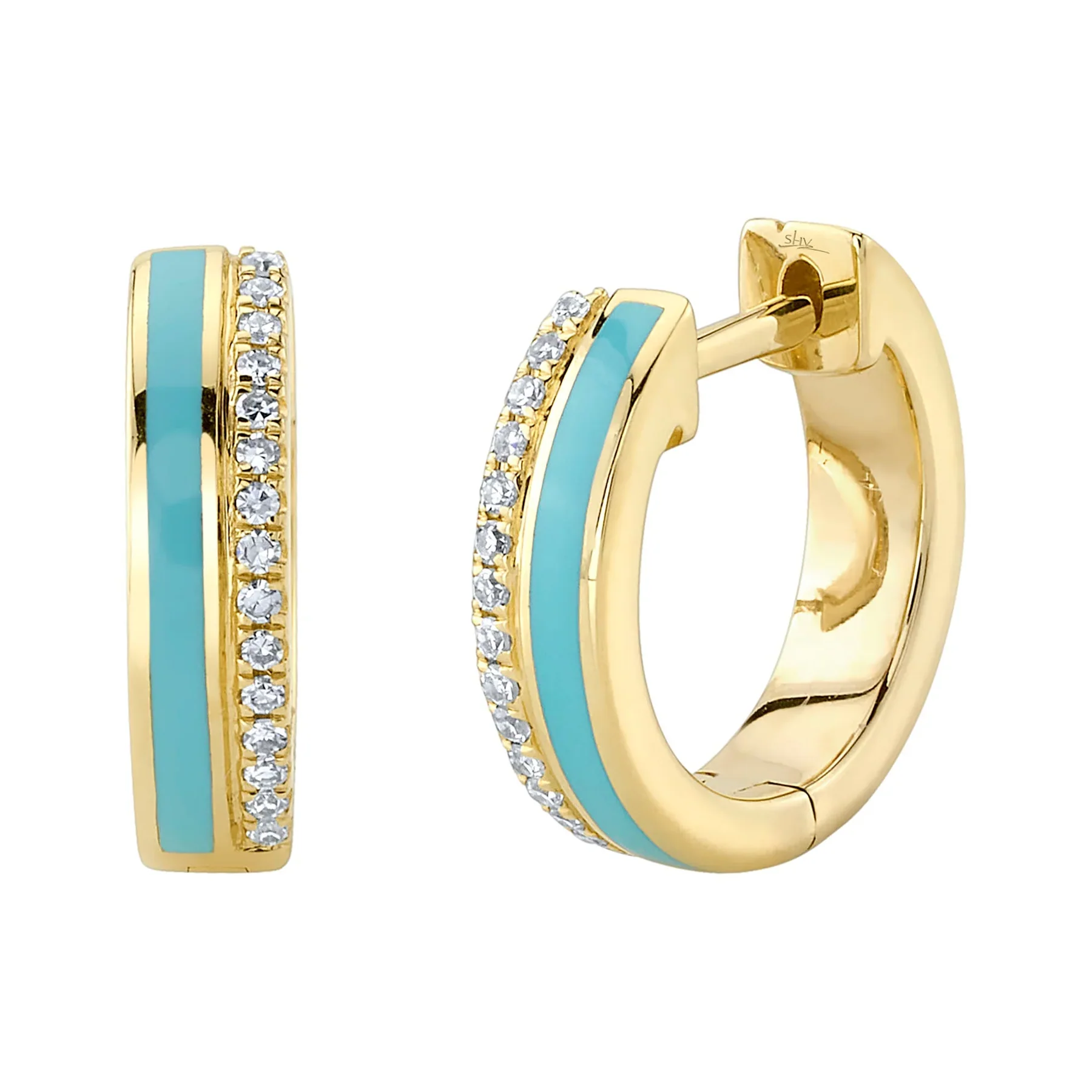 14K GOLD DIAMOND TURQUOISE ENAMEL ALEXA HUGGIES