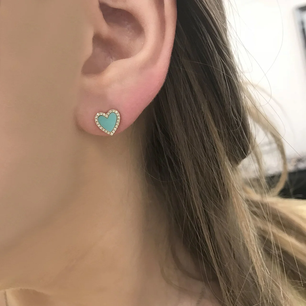 14K GOLD DIAMOND TURQUOISE HAILEY HEART STUDS - Image 2